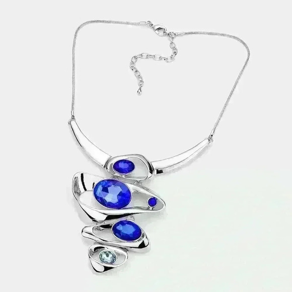 BLUE RICH CRYSTAL & SILVER NECKLACE/EARRING SET - Picture 1 of 2